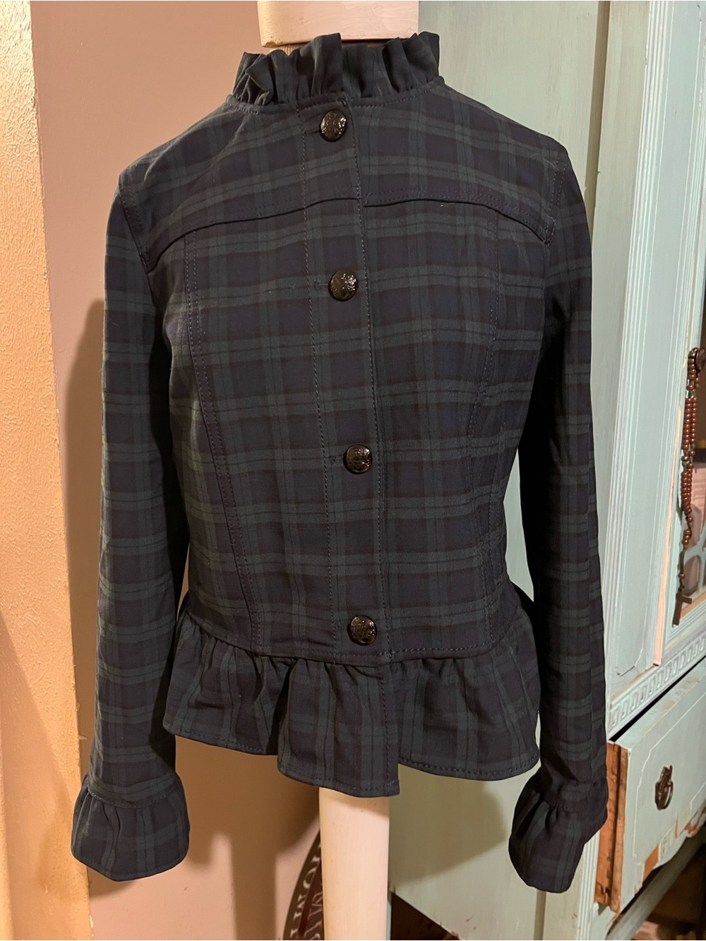 Banana Republic Tartan Plaid Ruffle Trim Blazer Jacket Size 8 Navy Green Black